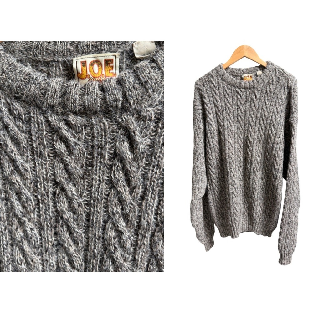 JOE Joseph Abboud Cable Knit Sweater Gray Wool Large Fisherman Marled Chunky